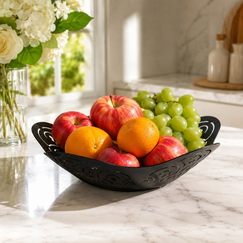 Select Gleam Fruit Basket Designed for Fresh Storage &amp; Kitchen Display – Black (H-6, W-24 CM)