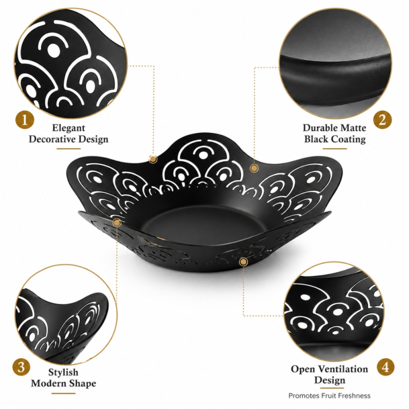 Select Gleam Fruit Basket Designed for Fresh Storage &amp; Kitchen Display – Black (H-6, W-24 CM)