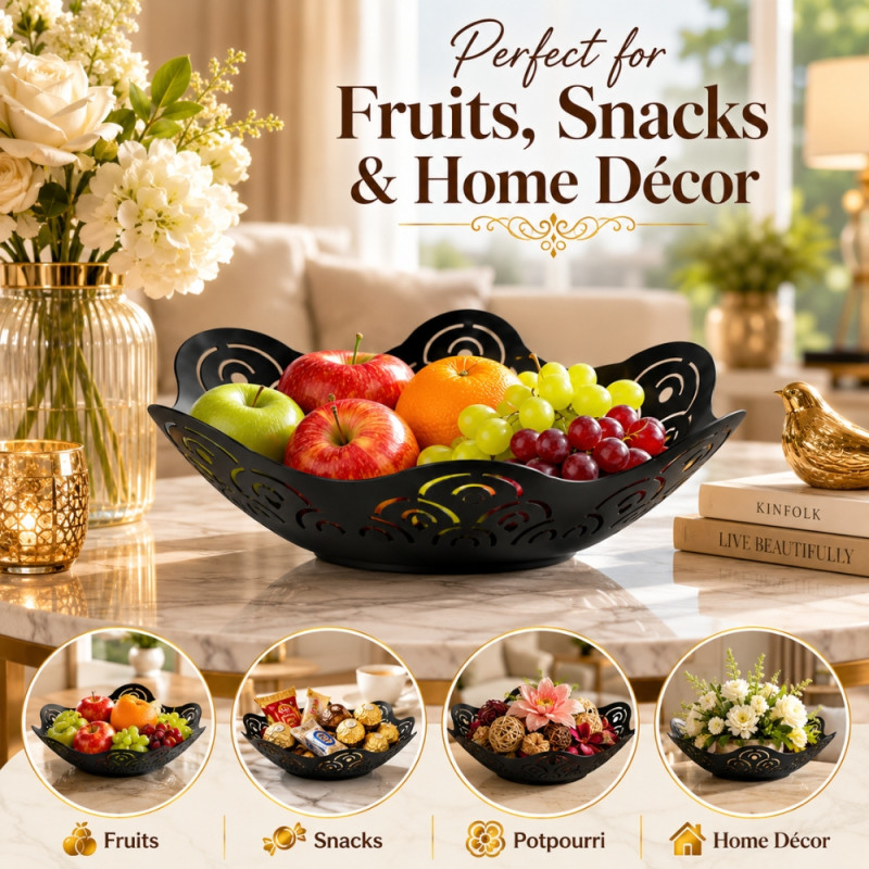 Select Gleam Fruit Basket Designed for Fresh Storage &amp; Kitchen Display – Black (H-6, W-24 CM)