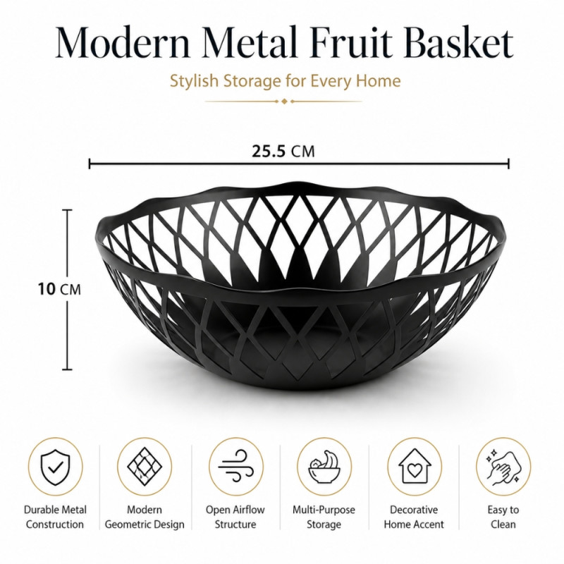 Choice Spark Fruit Basket Designed for Fresh Storage & Kitchen Display – Black (H-10, W-25.5 CM)