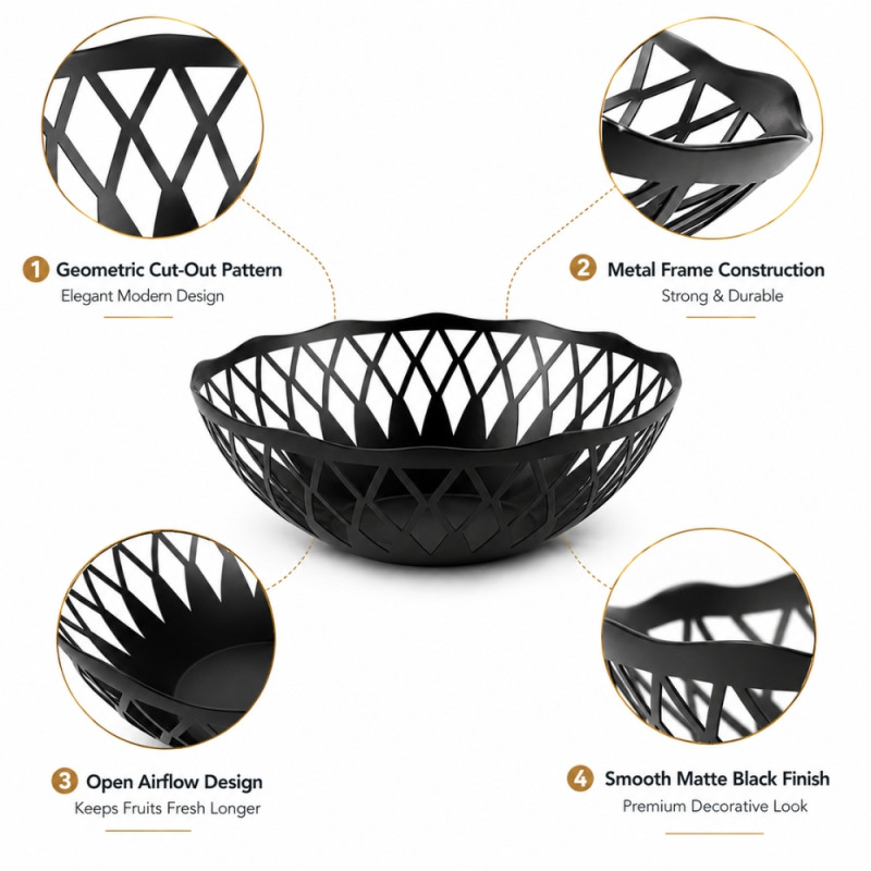 Choice Spark Fruit Basket Designed for Fresh Storage & Kitchen Display – Black (H-10, W-25.5 CM)