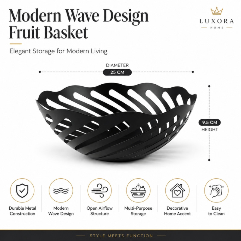Preferred Charm Fruit Basket Designed for Fresh Storage &amp; Kitchen Display – Black (H-9.5, DIA-25 CM)