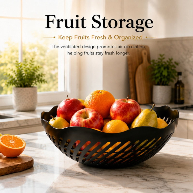 Signature Shine Fruit Basket Designed for Fresh Storage &amp; Kitchen Display – Black (H-10, DIA-26 CM)