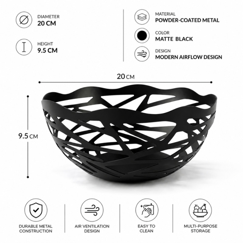 Superior Flow Fruit Bowl Designed for Fresh Storage &amp; Kitchen Display – Black (H-9.5, DIA-20 CM)