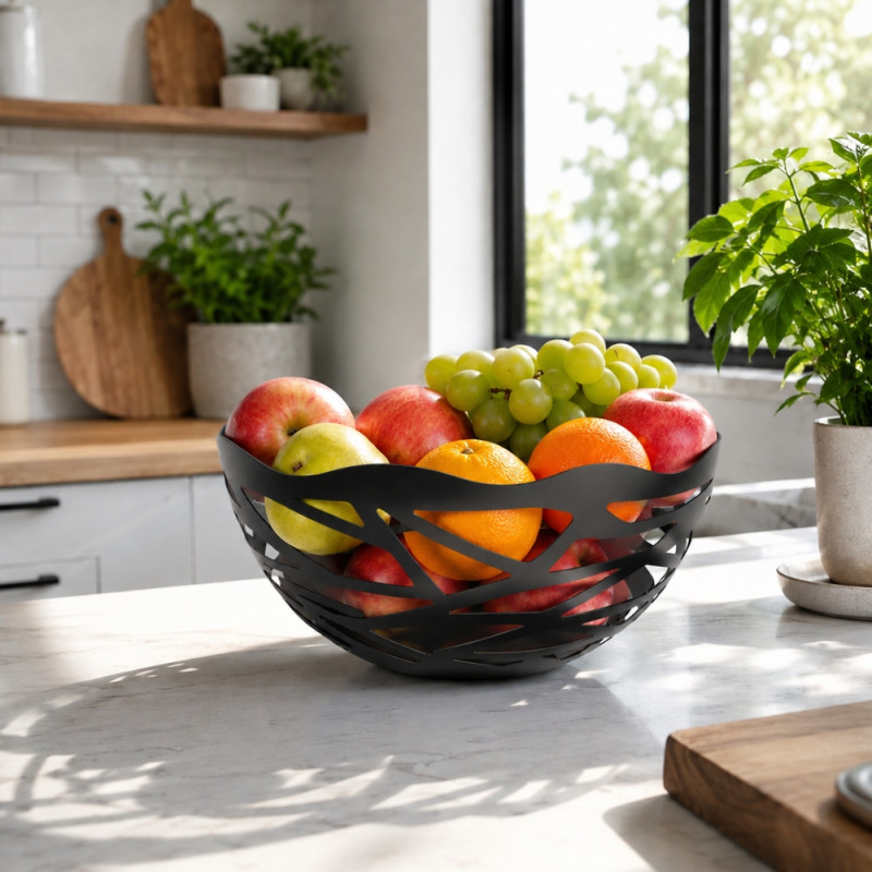 Superior Flow Fruit Bowl Designed for Fresh Storage &amp; Kitchen Display – Black (H-9.5, DIA-20 CM)