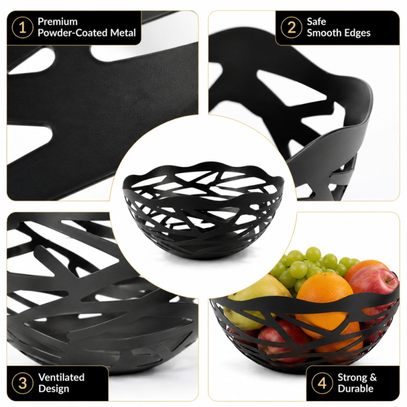 Superior Flow Fruit Bowl Designed for Fresh Storage &amp; Kitchen Display – Black (H-9.5, DIA-20 CM)