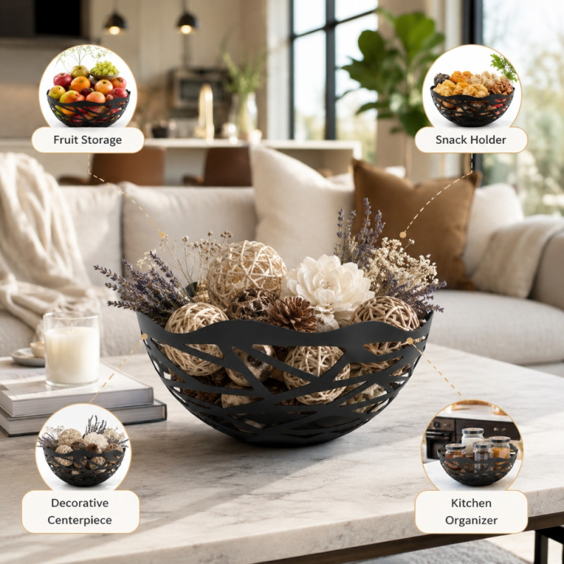 Superior Flow Fruit Bowl Designed for Fresh Storage &amp; Kitchen Display – Black (H-9.5, DIA-20 CM)