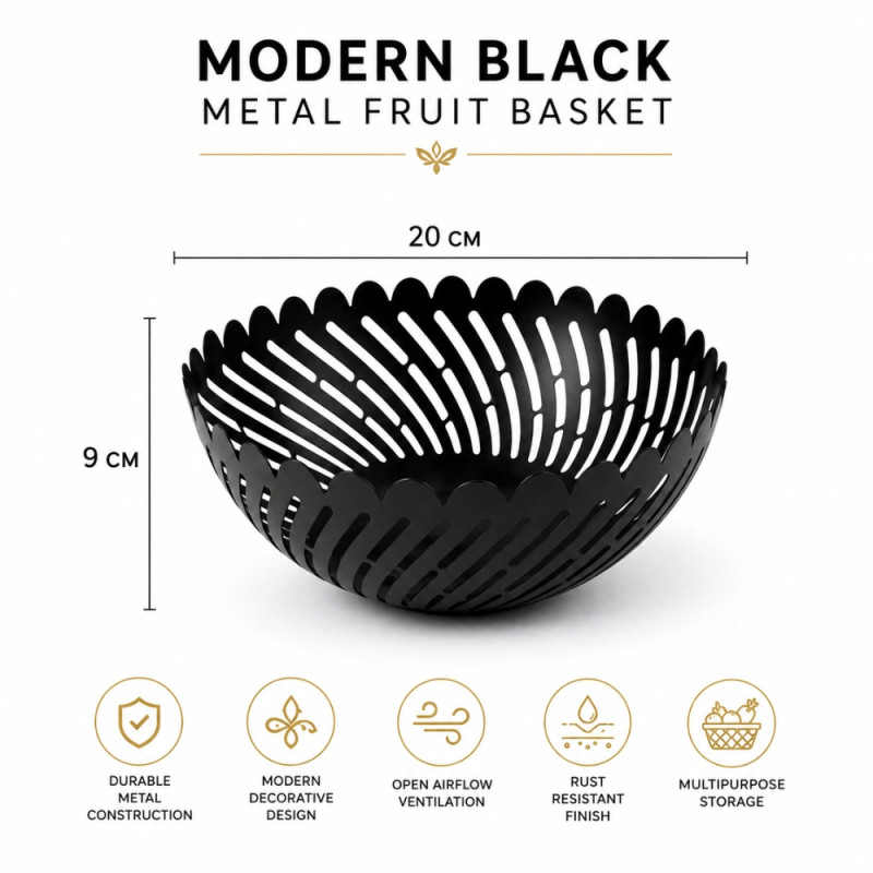 Essential Glow Fruit Basket Designed for Fresh Storage &amp; Kitchen Display – Black (H-9, W-20 CM)