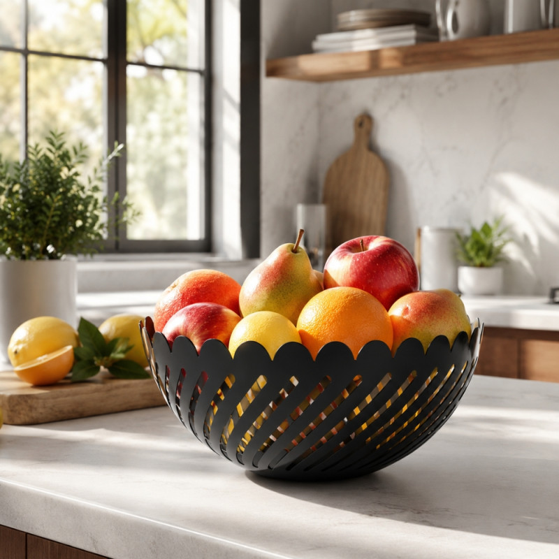 Essential Glow Fruit Basket Designed for Fresh Storage &amp; Kitchen Display – Black (H-9, W-20 CM)