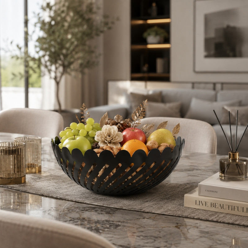 Essential Glow Fruit Basket Designed for Fresh Storage &amp; Kitchen Display – Black (H-9, W-20 CM)