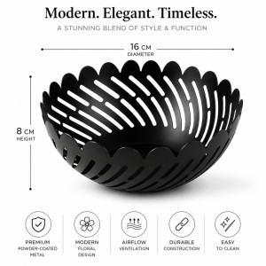 Metal Craft Fruit Basket Designed for Fresh Storage &amp; Kitchen Display – Black (H-8, DIA-16 CM)