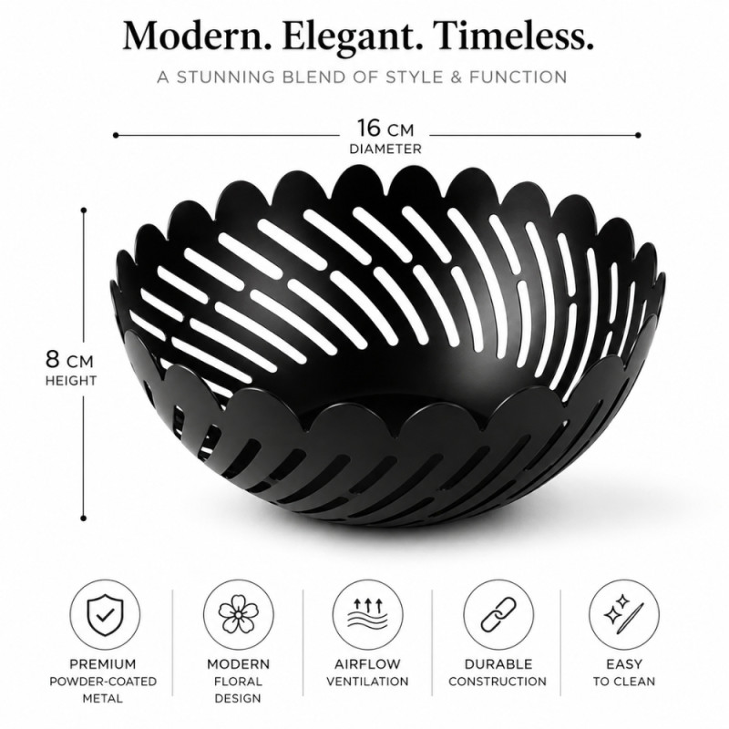 Metal Craft Fruit Basket Designed for Fresh Storage &amp; Kitchen Display – Black (H-8, DIA-16 CM)