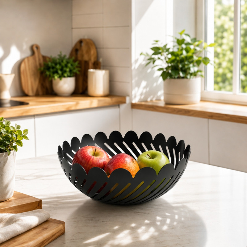 Metal Craft Fruit Basket Designed for Fresh Storage &amp; Kitchen Display – Black (H-8, DIA-16 CM)