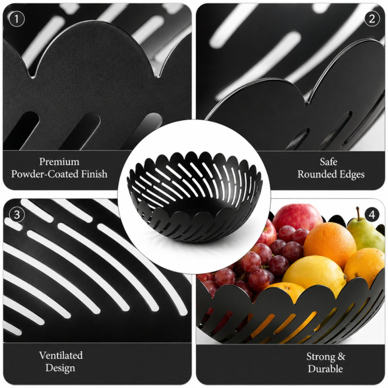 Metal Craft Fruit Basket Designed for Fresh Storage &amp; Kitchen Display – Black (H-8, DIA-16 CM)