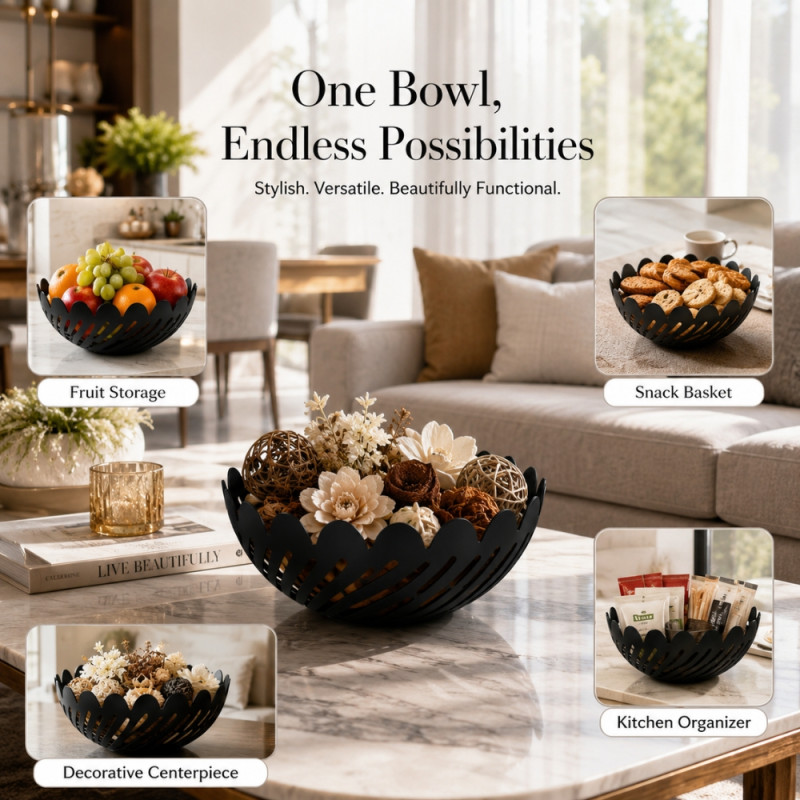 Metal Craft Fruit Basket Designed for Fresh Storage &amp; Kitchen Display – Black (H-8, DIA-16 CM)