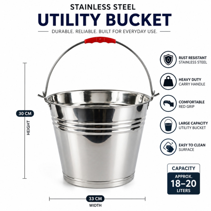 Quality Class Utility Bucket Designed for Everyday Cooking &amp; Kitchen Excellence – Stainless Steel (H-30, W-33 CM)