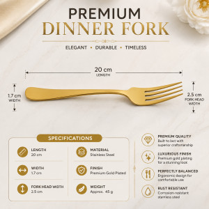 Solid Finish Dinner Fork Designed for Everyday Cooking &amp; Kitchen Excellence – Gold (W-1.7, L-20)