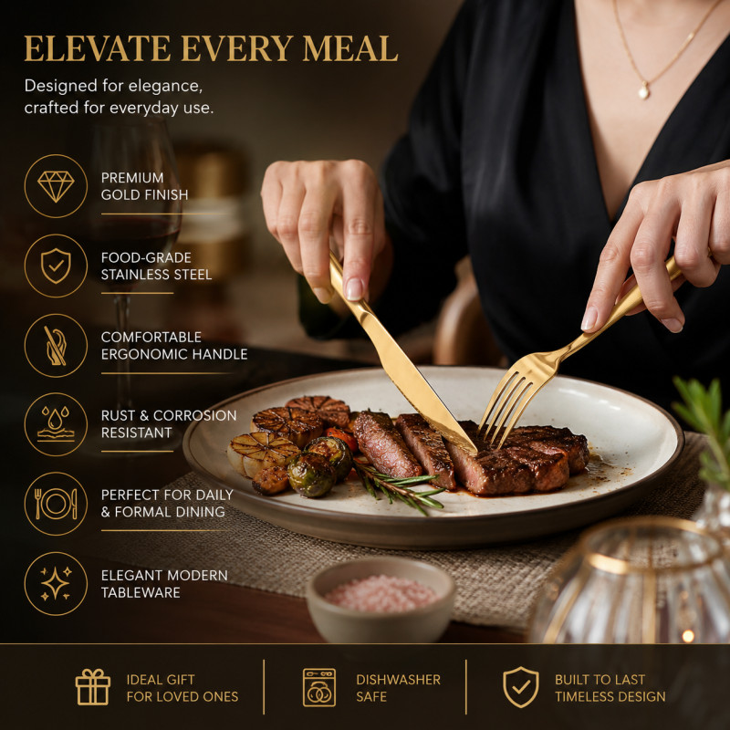 Solid Finish Dinner Fork Designed for Everyday Cooking &amp; Kitchen Excellence – Gold (W-1.7, L-20)
