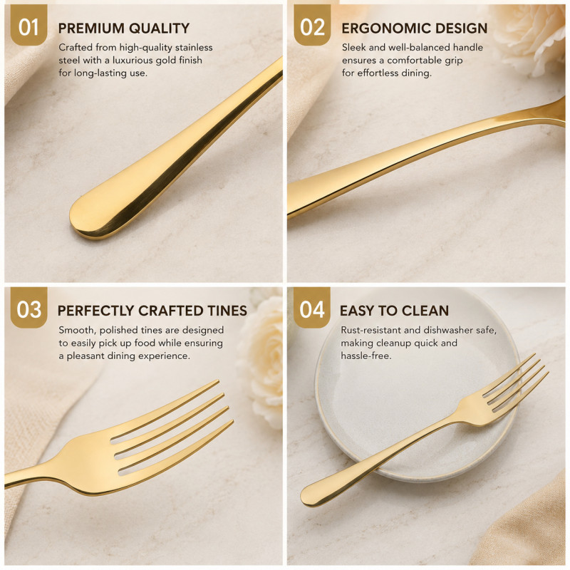 Solid Finish Dinner Fork Designed for Everyday Cooking &amp; Kitchen Excellence – Gold (W-1.7, L-20)