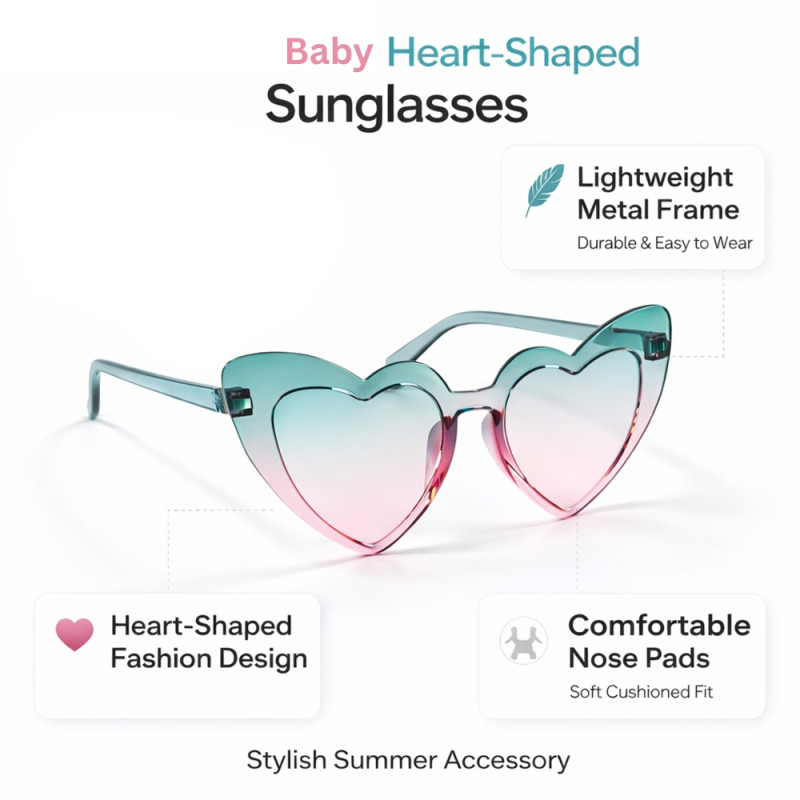 Retro Heart-Shaped Rimless Sunglasses (2-Pack) – Gradient Candy Color Party Spectacles (Light Pink & Aqua)
