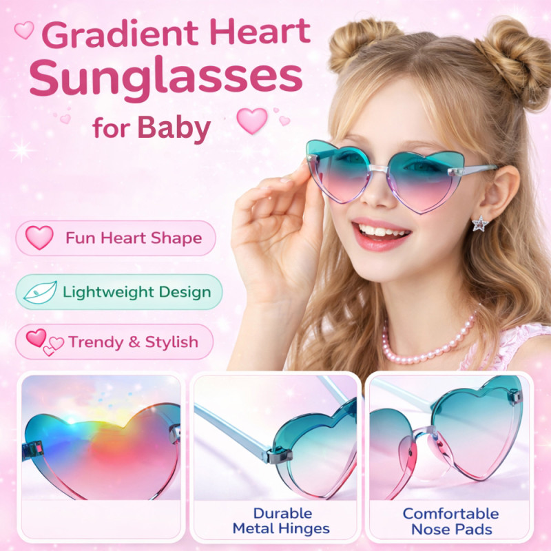 Retro Heart-Shaped Rimless Sunglasses (2-Pack) – Gradient Candy Color Party Spectacles (Light Pink & Aqua)