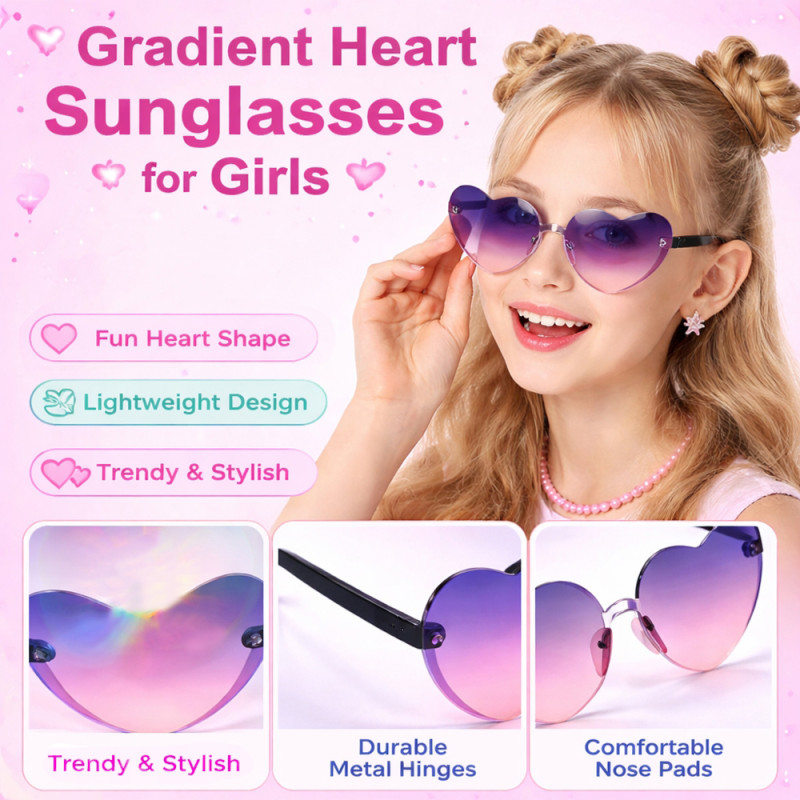 Retro Heart-Shaped Rimless Sunglasses (2-Pack) – Transparent Pink &amp; Lavender Gradient
