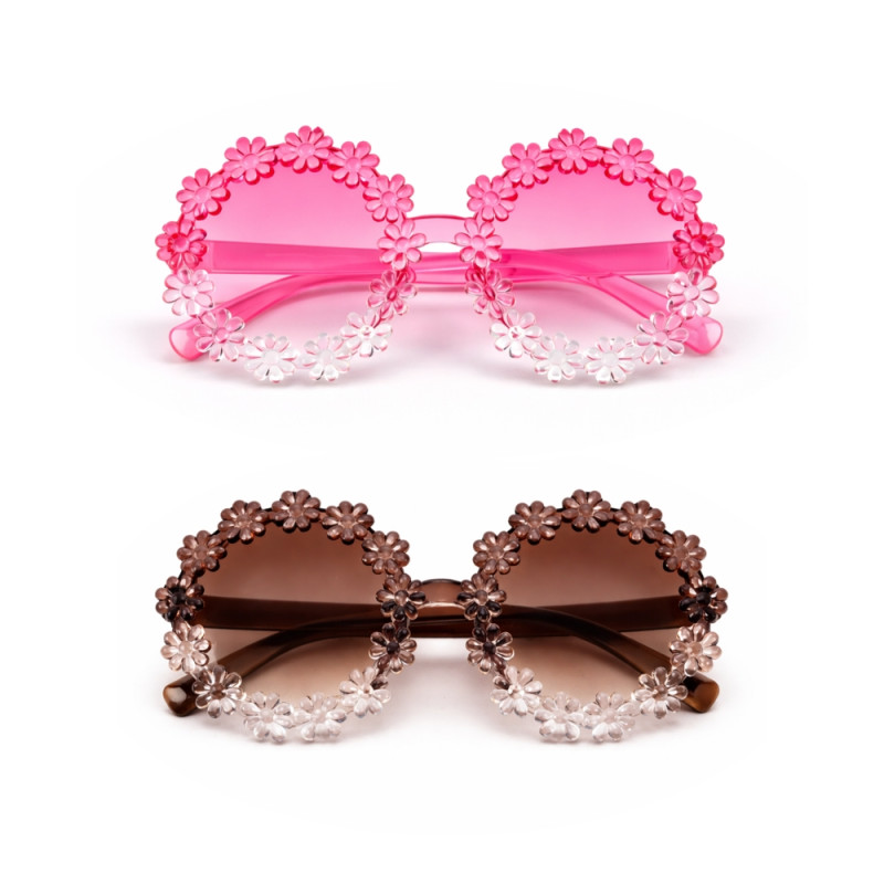 Kids' "Daisy Petal" Round Fashion Sunglasses (2-Pack) – Brown &amp; Pink Flower Frames