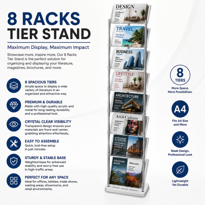 Professional 12-Compartment Transparent Brochure Display & Shoe Rack – Chrome Pillars (165cm)