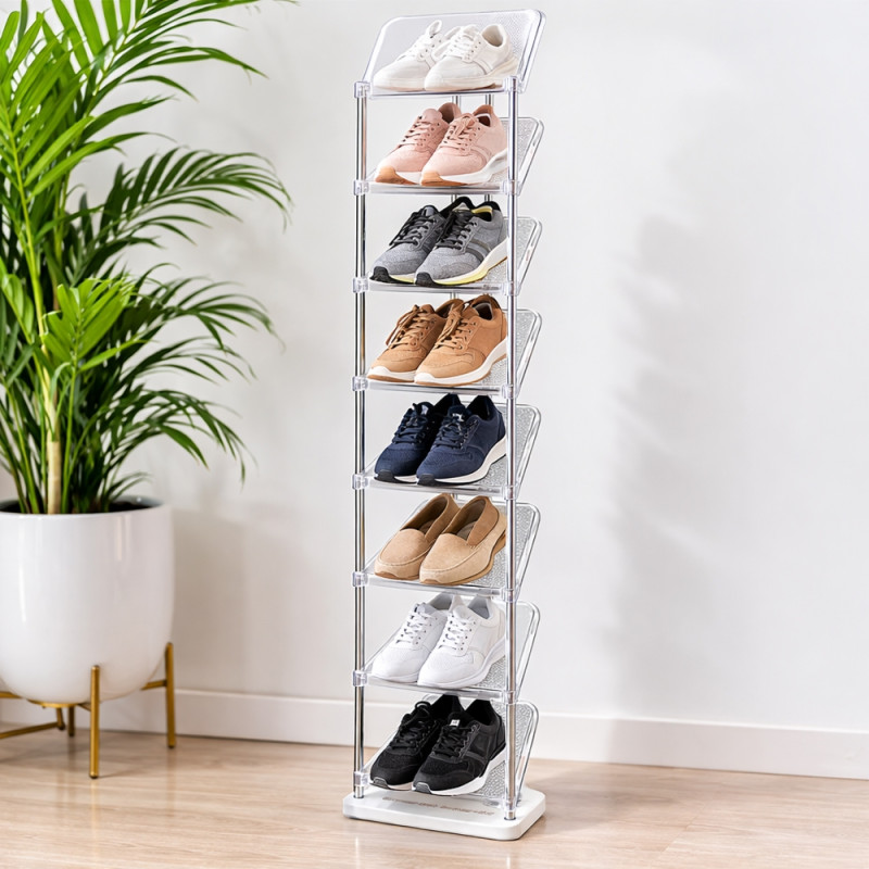 Professional 12-Compartment Transparent Brochure Display & Shoe Rack – Chrome Pillars (165cm)