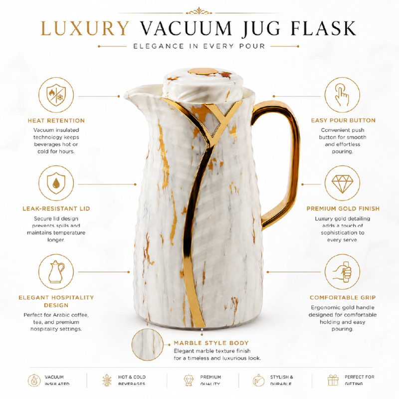 Professional Marble-patterned luxury vacuum jug flask with gold accents a... – Off White & Gold (24 x 14cm)