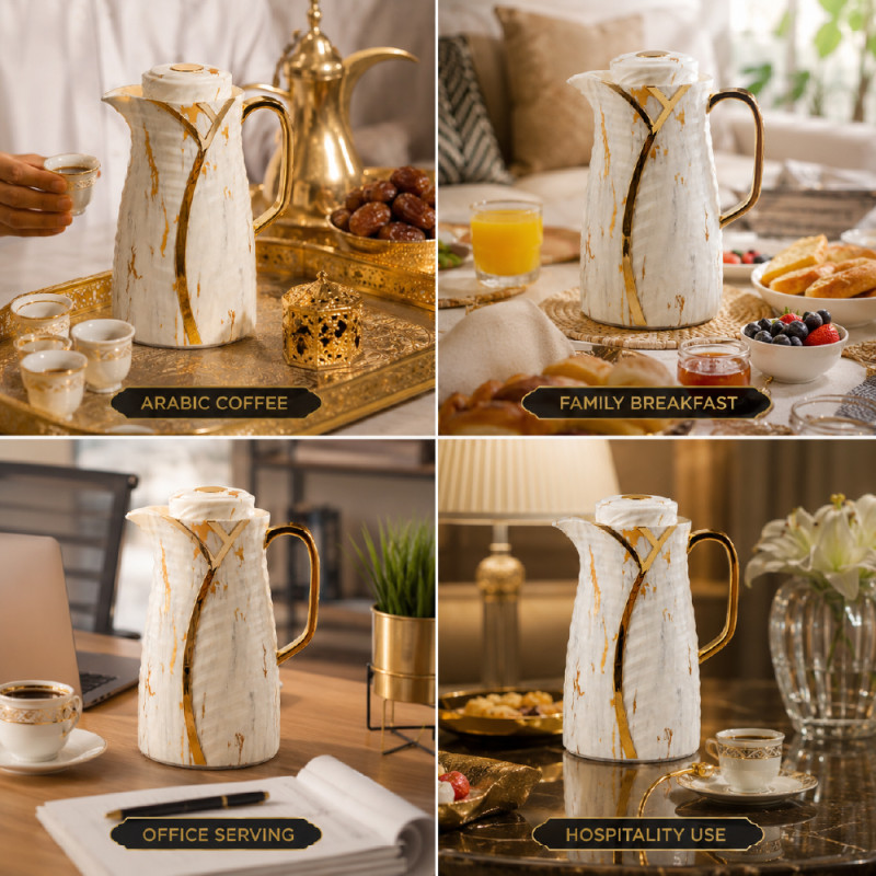 Professional Marble-patterned luxury vacuum jug flask with gold accents a... – Off White & Gold (24 x 14cm)