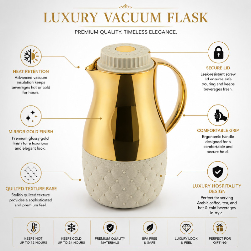 Premium Insulated Vacuum Flask Set – Gold &amp; Off White Arabic Coffee Style (24 x 12cm)