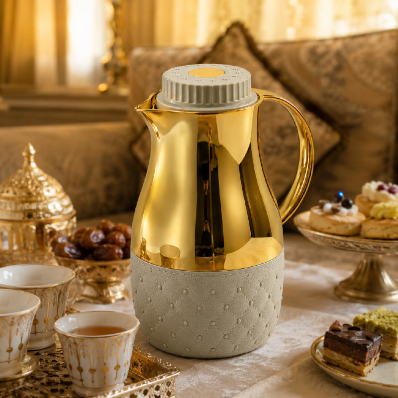 Premium Insulated Vacuum Flask Set – Gold &amp; Off White Arabic Coffee Style (24 x 12cm)