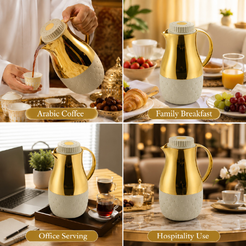 Premium Insulated Vacuum Flask Set – Gold &amp; Off White Arabic Coffee Style (24 x 12cm)