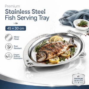 Holistic stainless steel fish-shaped serving trays with a mirror-polished finish and integrated handles – Silver (37 x 4cm) Holistic stainless steel fish-shaped serving trays with a mirror-polished finish and integrated handles – Silver (37 x 4cm)