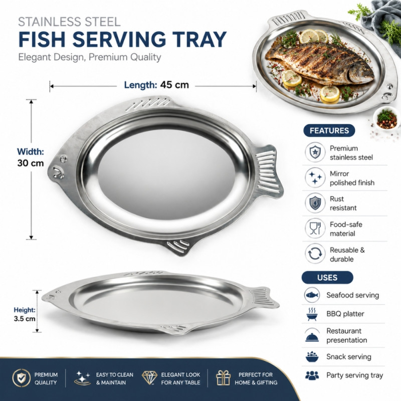 Holistic stainless steel fish-shaped serving trays with a mirror-polished finish and integrated handles – Silver (37 x 4cm)