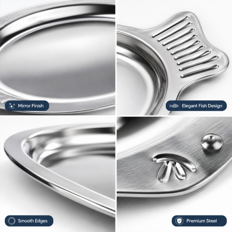 Holistic stainless steel fish-shaped serving trays with a mirror-polished finish and integrated handles – Silver (37 x 4cm)