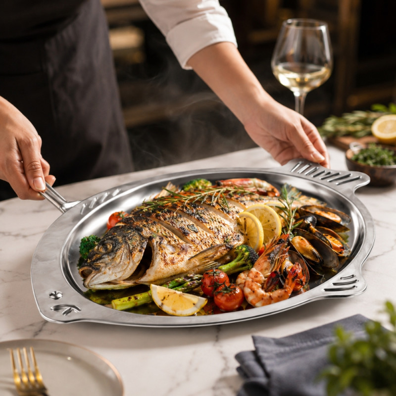 Holistic stainless steel fish-shaped serving trays with a mirror-polished finish and integrated handles – Silver (37 x 4cm)