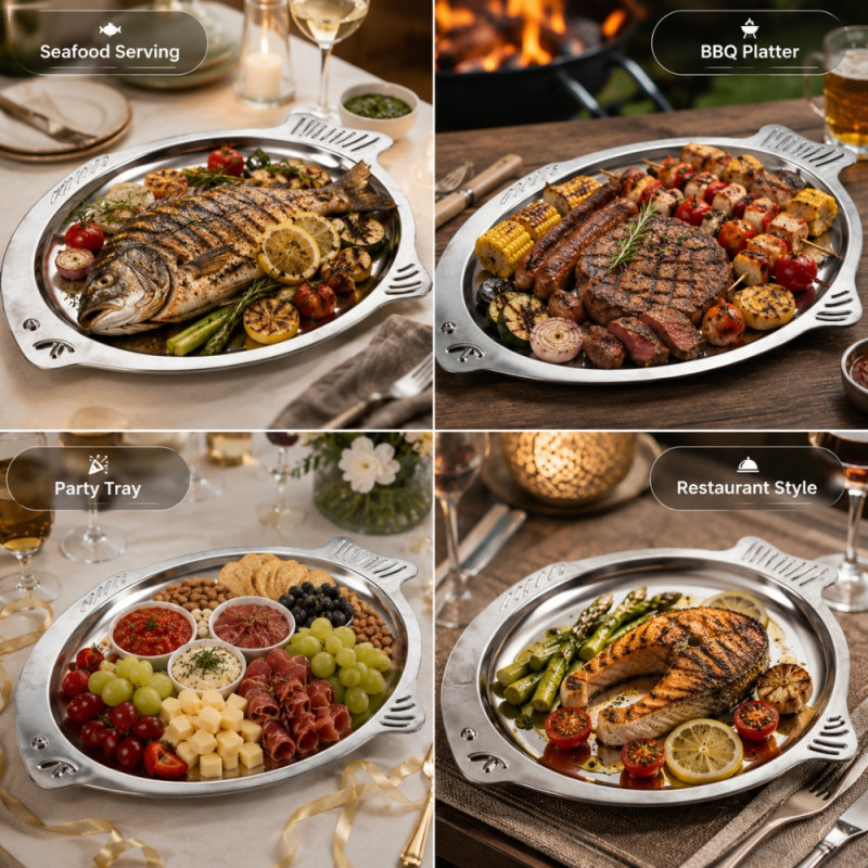 Holistic stainless steel fish-shaped serving trays with a mirror-polished finish and integrated handles – Silver (37 x 4cm)