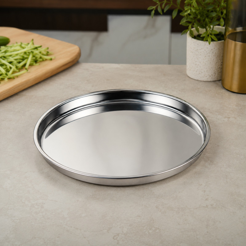Trendy Line Stainless Steel Tray Designed for Elegant Dining &amp; Entertaining – Stainless Steel (DIA-31.5, T-3 CM)