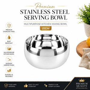 Artisanal Premium Stainless Steel Mixing and Serving Bowl – Mirror Silver (21cm)