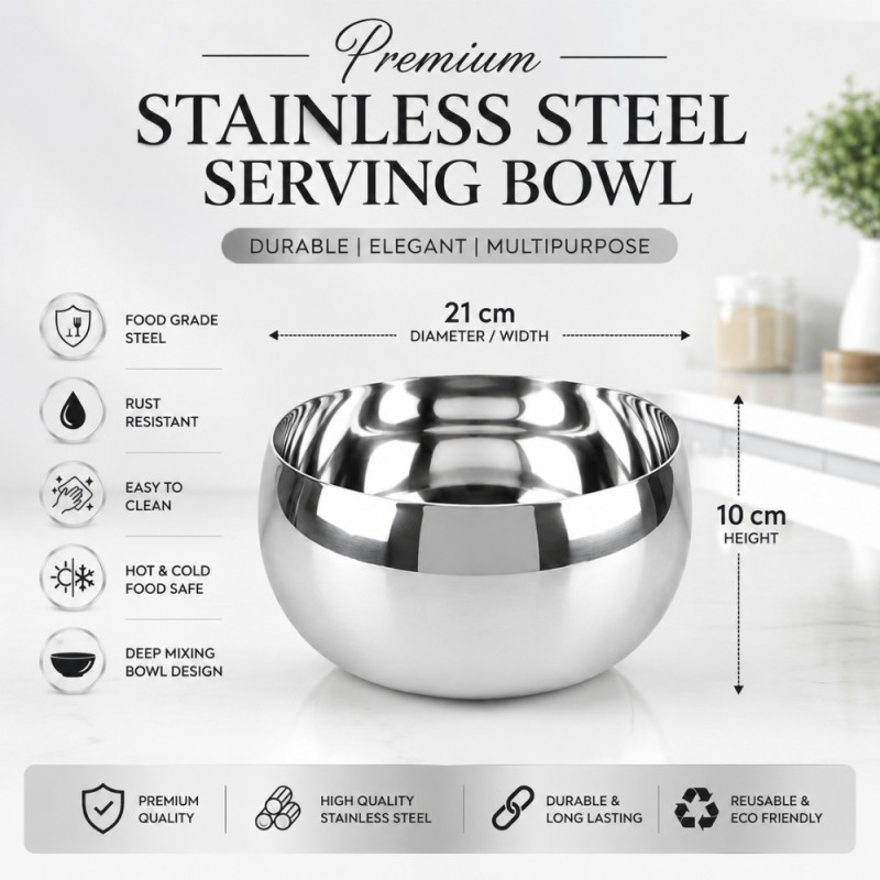 Artisanal Premium Stainless Steel Mixing and Serving Bowl – Mirror Silver (21cm)