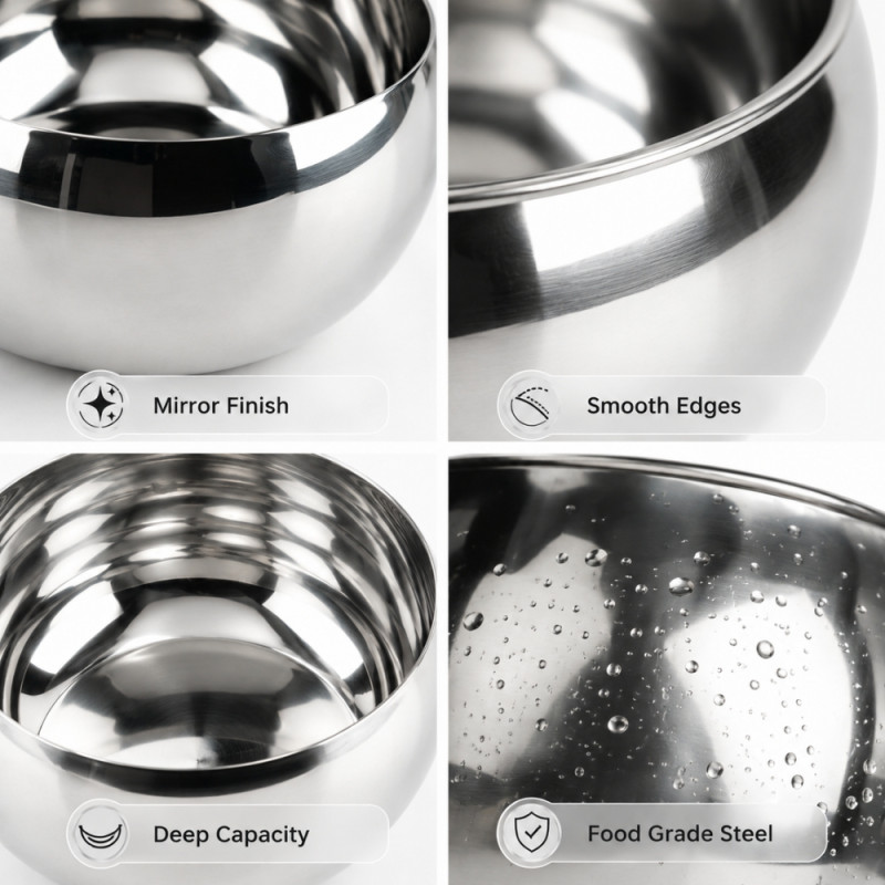 Artisanal Premium Stainless Steel Mixing and Serving Bowl – Mirror Silver (21cm)