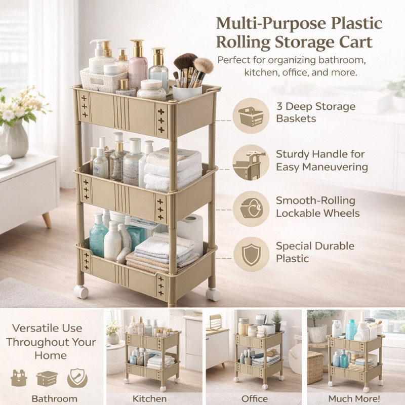 Professional Beige Multi-Purpose Plastic Rolling Storage Cart – 3-Tier Utility Trolley (90cm)