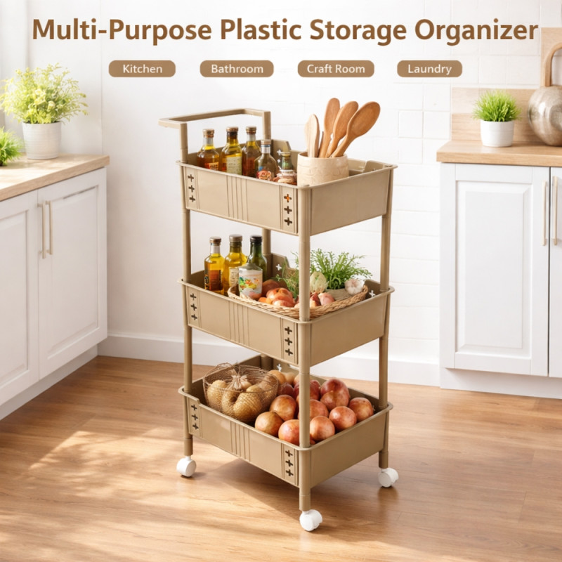 Professional Beige Multi-Purpose Plastic Rolling Storage Cart – 3-Tier Utility Trolley (90cm)
