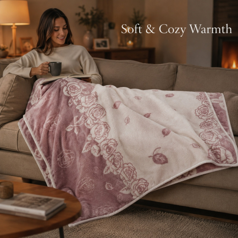 Pink Floral Soft Fleece Blanket – 170 x 90cm – Light Pink