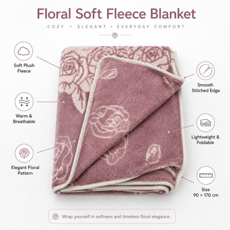 Pink Floral Soft Fleece Blanket – 170 x 90cm – Light Pink