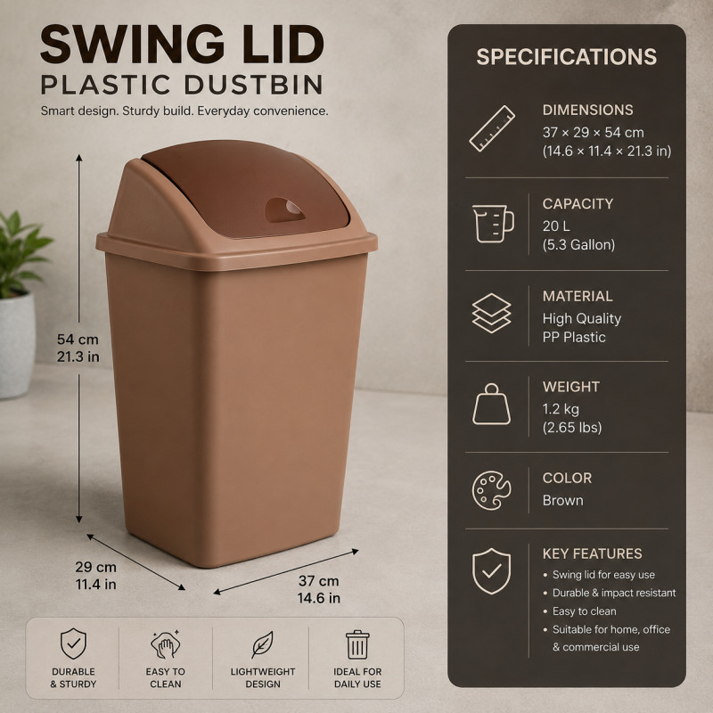 Cocoa Finish Dustbin Designed for Home & Professional Cleaning – Brown (H-54, W-29, L-37 CM)