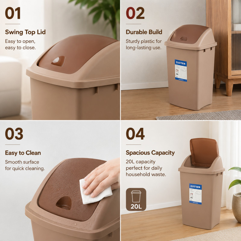 Cocoa Finish Dustbin Designed for Home & Professional Cleaning – Brown (H-54, W-29, L-37 CM)