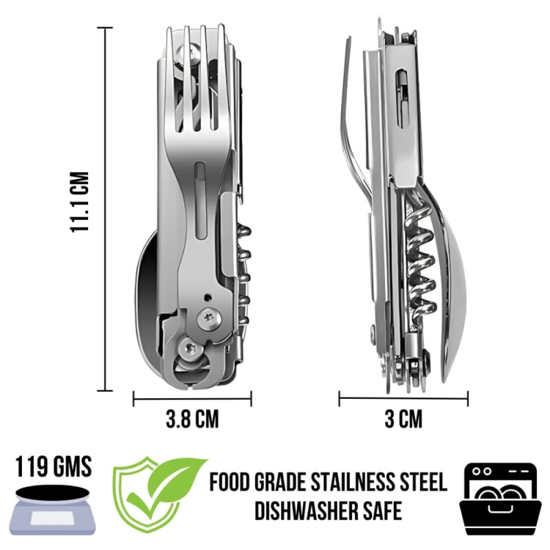 Stainless Steel Folding Camping Cutlery Multi-Tool – Silver (11.1x3.8cm)